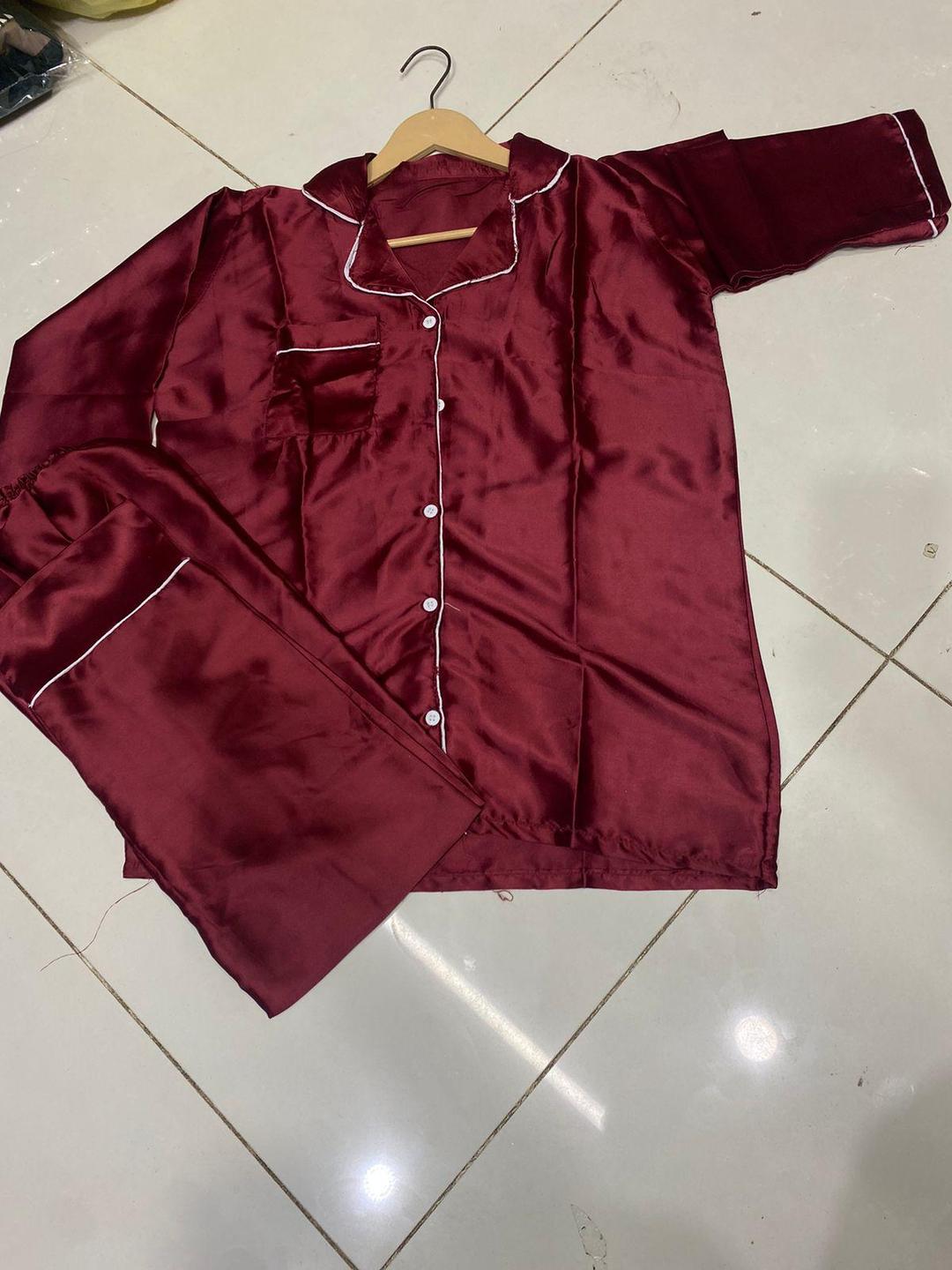 Luxurious Printed Silk Night Suit - 2 Pcs Set in Maroon - JZ Hub - Stylish Women's & Men's Clothing, Shoes, and Accessories