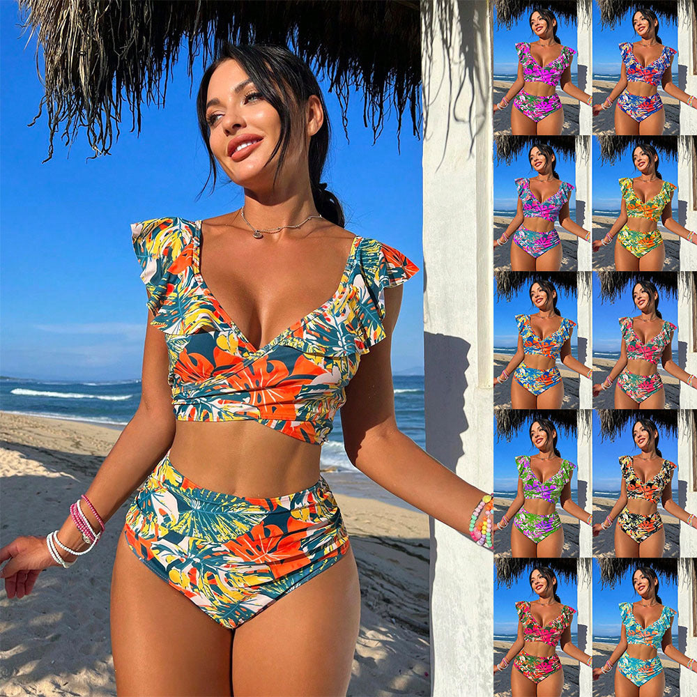 Woman wearing bikini standing by the beach, enjoying summer in stylish ruffled swimsuit