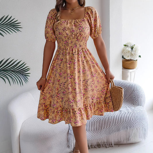 Elegant Floral Print Ruffle Dress in Pink – Plus Size & Formal Wear for Women